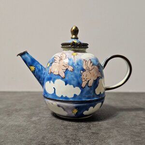 2001 Kelvin Chen Enamel Over Brass Miniature Teapot with Flying Pigs # 1613